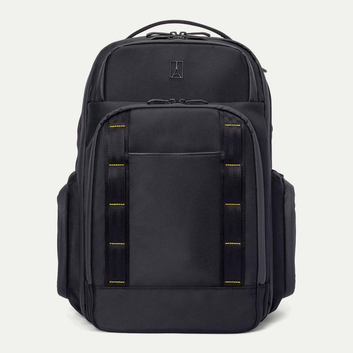 front view of the Travelpro Altitude Large Backpack in Neon Shadow, showing black textured exterior with neon yellow stitching accents, multiple zippered compartments, and side pocket against a light background.