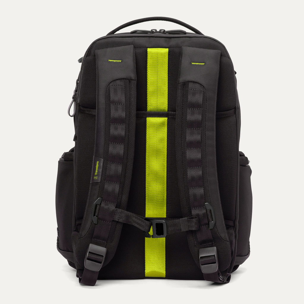 Rear view of the Travelpro Altitude Large Backpack in Neon Shadow, showing padded shoulder straps, black textured exterior, and bright neon yellow center panel against a light background.