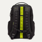 Rear view of the Travelpro Altitude Large Backpack in Neon Shadow, showing padded shoulder straps, black textured exterior, and bright neon yellow center panel against a light background.