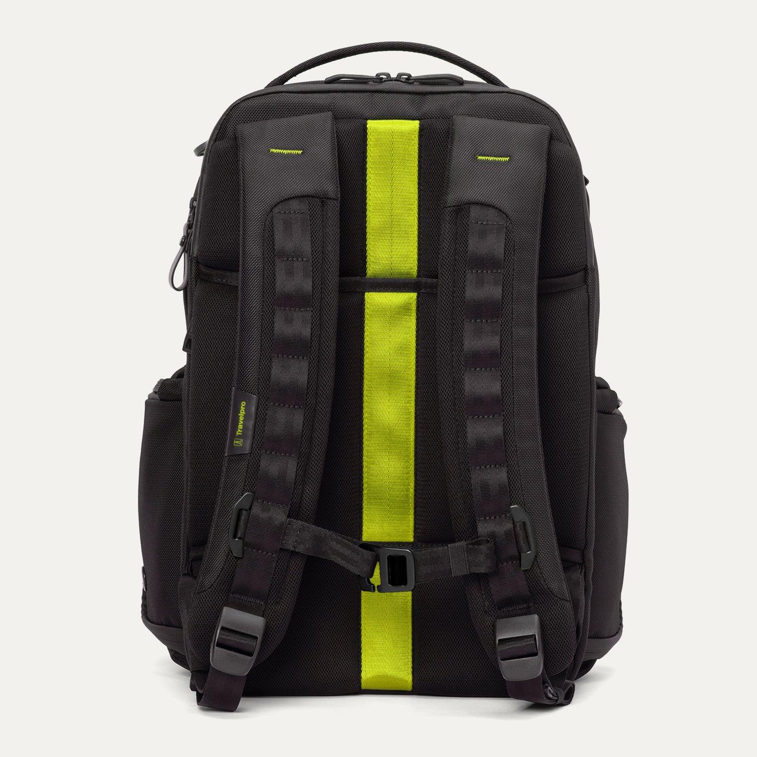 Rear view of the Travelpro Altitude Large Backpack in Neon Shadow, showing padded shoulder straps, black textured exterior, and bright neon yellow center panel against a light background.