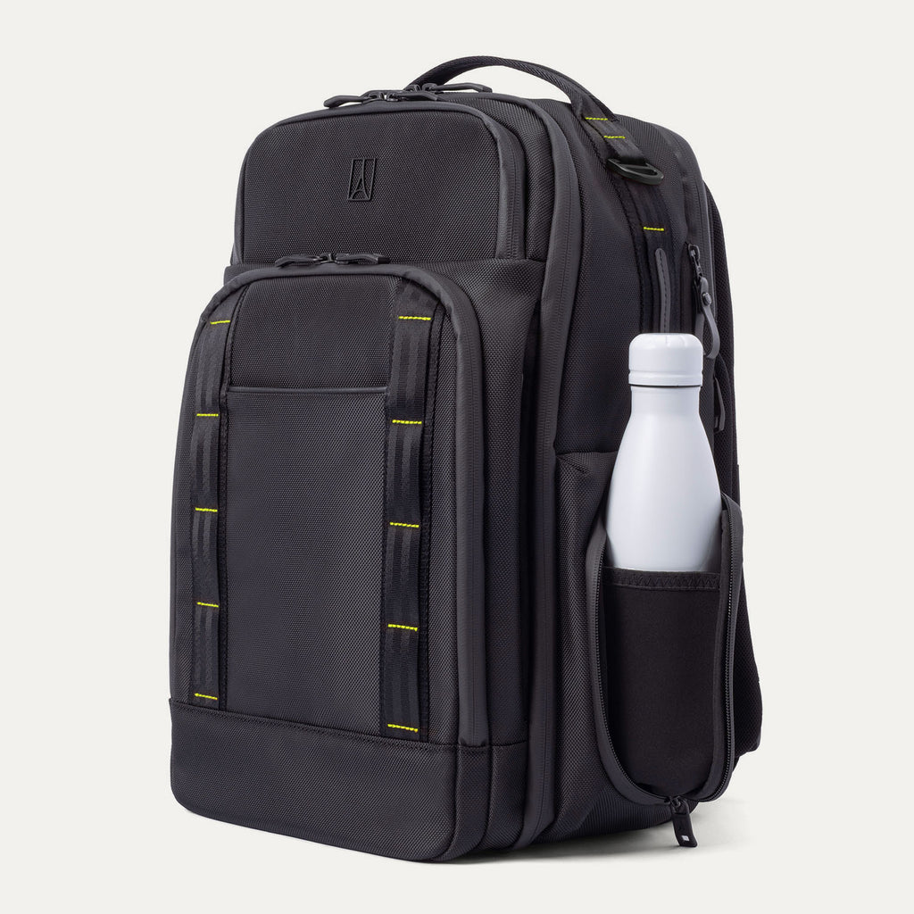 Three‑quarter front view of the Travelpro Altitude Large Backpack in Neon Shadow, showing black textured exterior with neon yellow stitching accents, multiple zippered compartments, and a white water bottle in the side pocket against a light background.