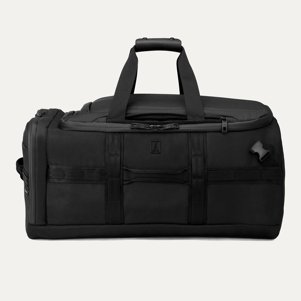 Front view of the Travelpro Altitude Convertible Duffel/Backpack in Jet Black, showing front zipper pocket, daisy chain loops, and top carry handles.
