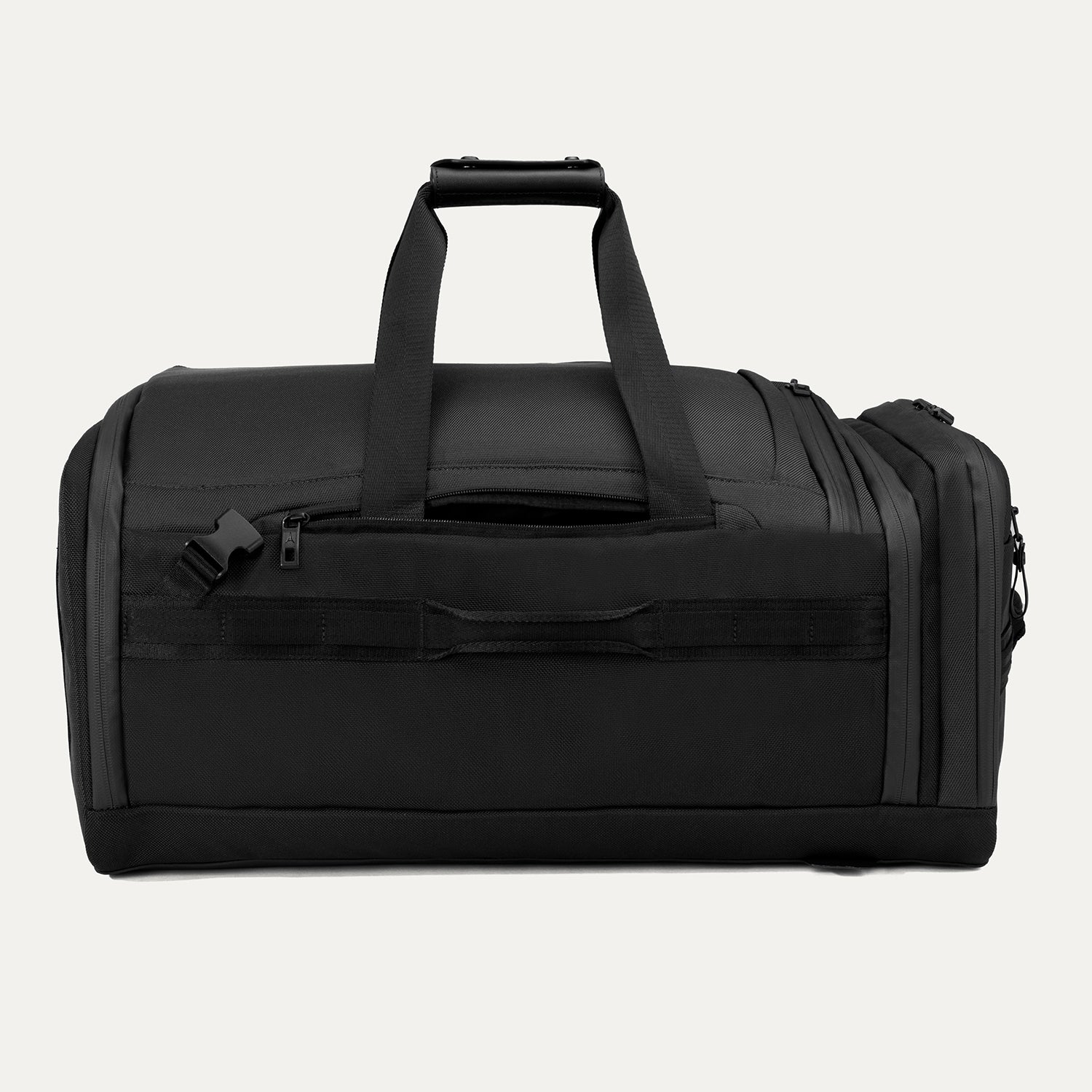 Rear duffel view of the Travelpro Altitude Convertible Duffel/Backpack in Jet Black, showing backpack straps, side handle, and zippered pocket.
