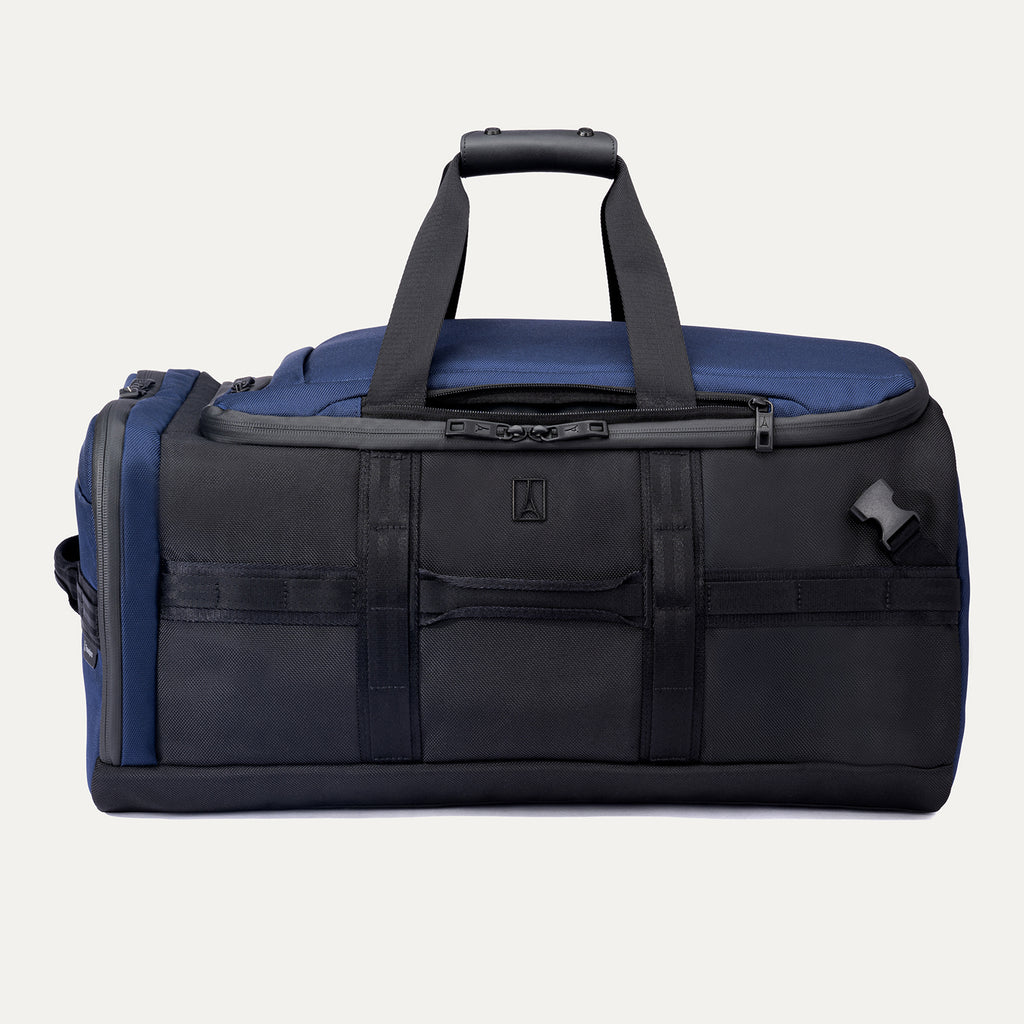 Front view of the Travelpro Altitude Convertible Duffel/Backpack in Aviator Navy, with dual top carry handles and front accessory loops.
