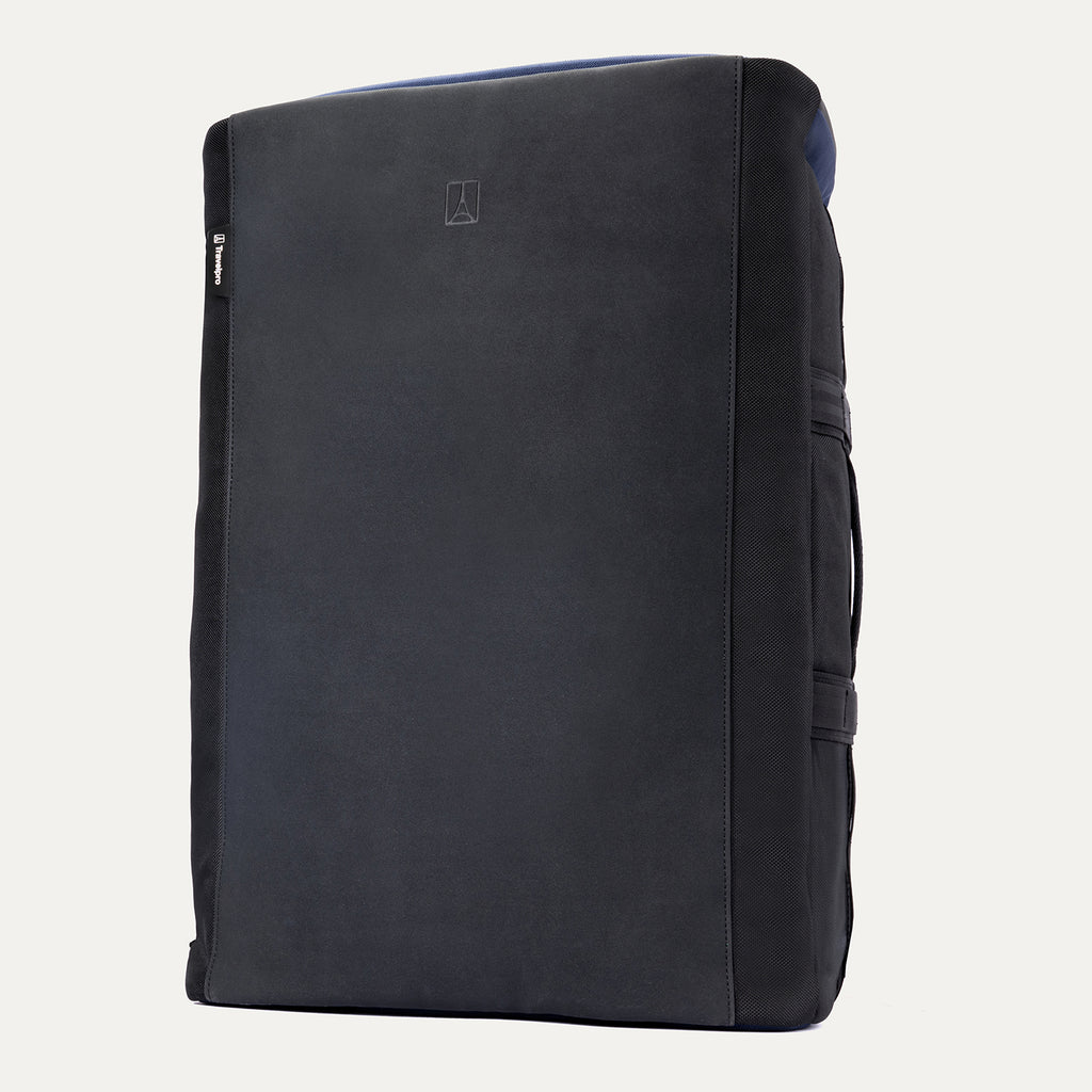 Upright front view of the Travelpro Altitude Convertible Duffel/Backpack in Aviator Navy, showing smooth base panel with subtle logo detailing.
