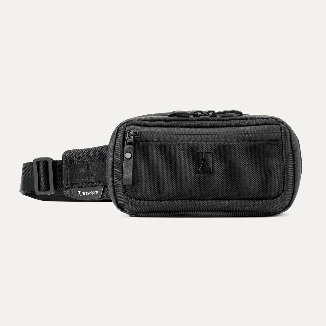 A black Travelpro Altitude Sling 2L bag with a strap and a front pocket, made from recycled plastic bottles fabric.