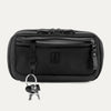 Front view of Travelpro Altitude Sling 2L in Jet Black, featuring zippered front pocket and key leash with attached keys.
