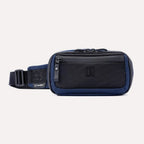 Front view of the Travelpro Altitude Sling 2L in Aviator Navy, featuring an exterior zip pocket and adjustable waist strap.