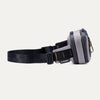 Side view of the Travelpro Altitude Sling 2L in Stellar Navy/Grey, showing the buckle closure and stitched brand tag.

