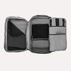 Interior view of Travelpro Altitude All-Purpose Laptop Backpack in Falcon Grey, showing divided compartments and multiple mesh and slip pockets.


