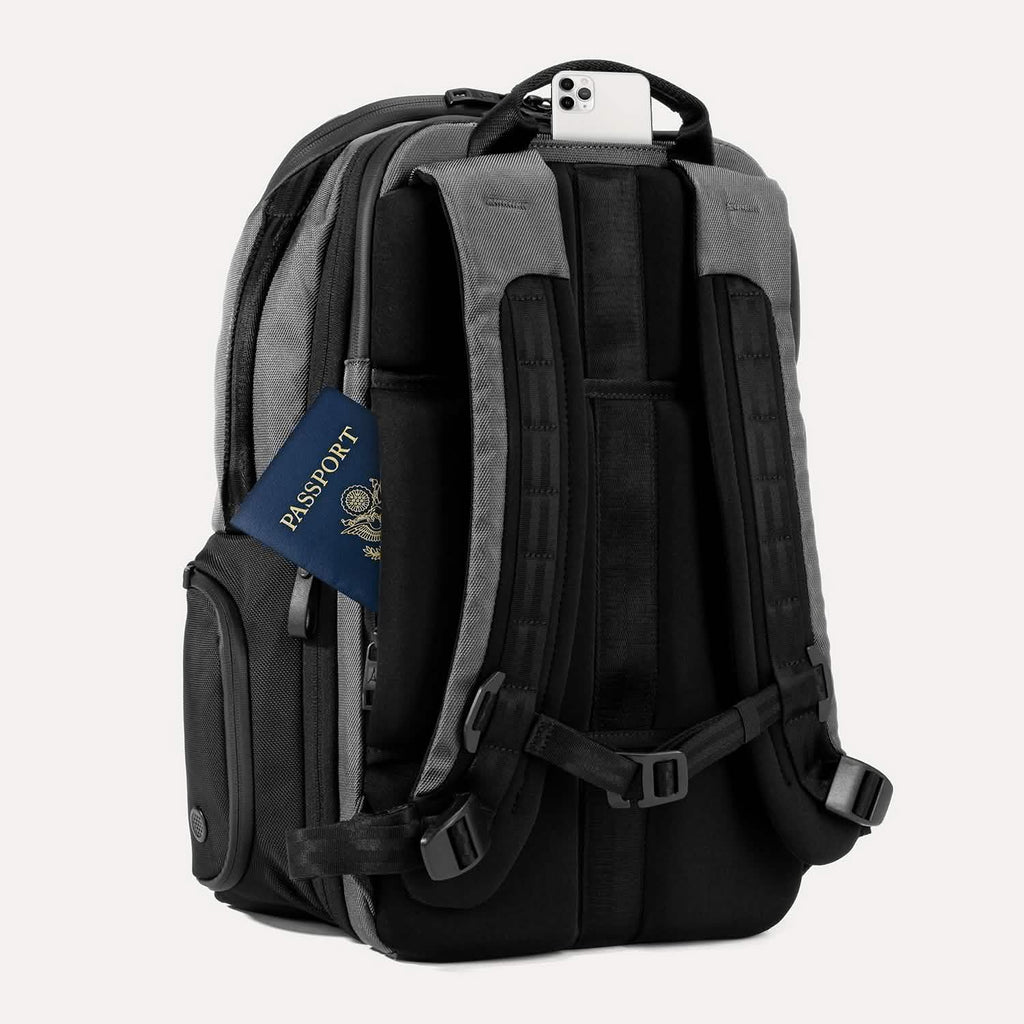 Rear view of Travelpro Altitude All-Purpose Laptop Backpack in Falcon Grey, showing padded straps and QuickSlip Pocket with phone and hidden pocket with passport.
