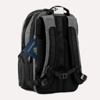 Rear view of Travelpro Altitude All-Purpose Laptop Backpack in Falcon Grey, showing padded straps and QuickSlip Pocket with phone and hidden pocket with passport.
