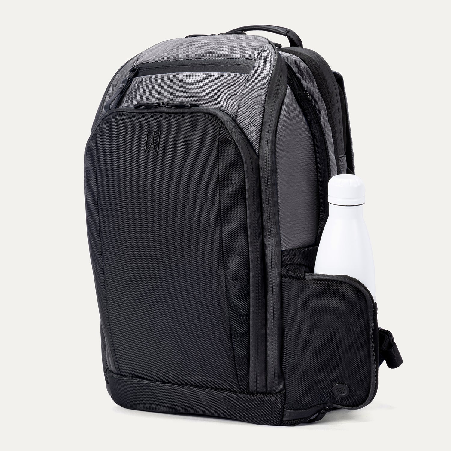 Front angled view of Travelpro Altitude All-Purpose Laptop Backpack in Falcon Grey, featuring an exterior bottle pocket.
