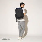 Person wearing a aviator navy backpack on a white background