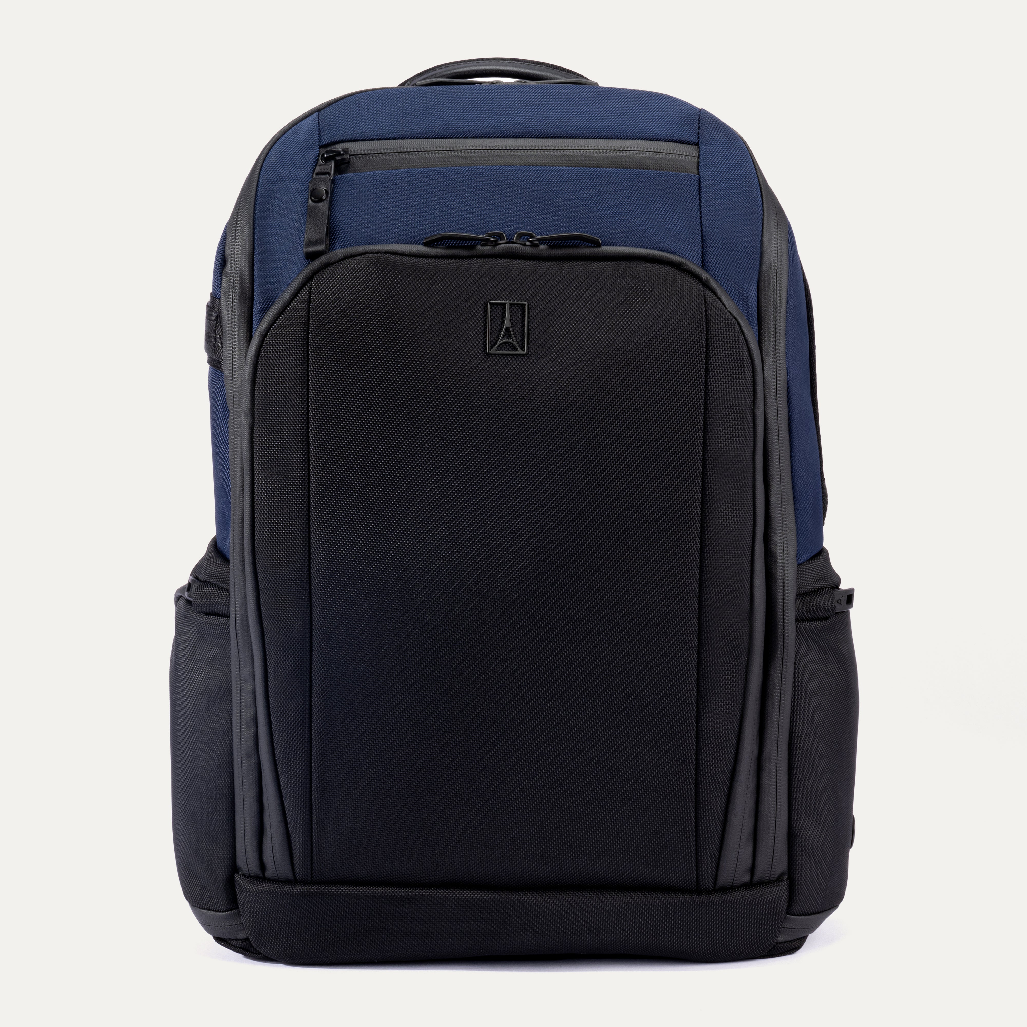 Two-tone black and blue backpack on a white background