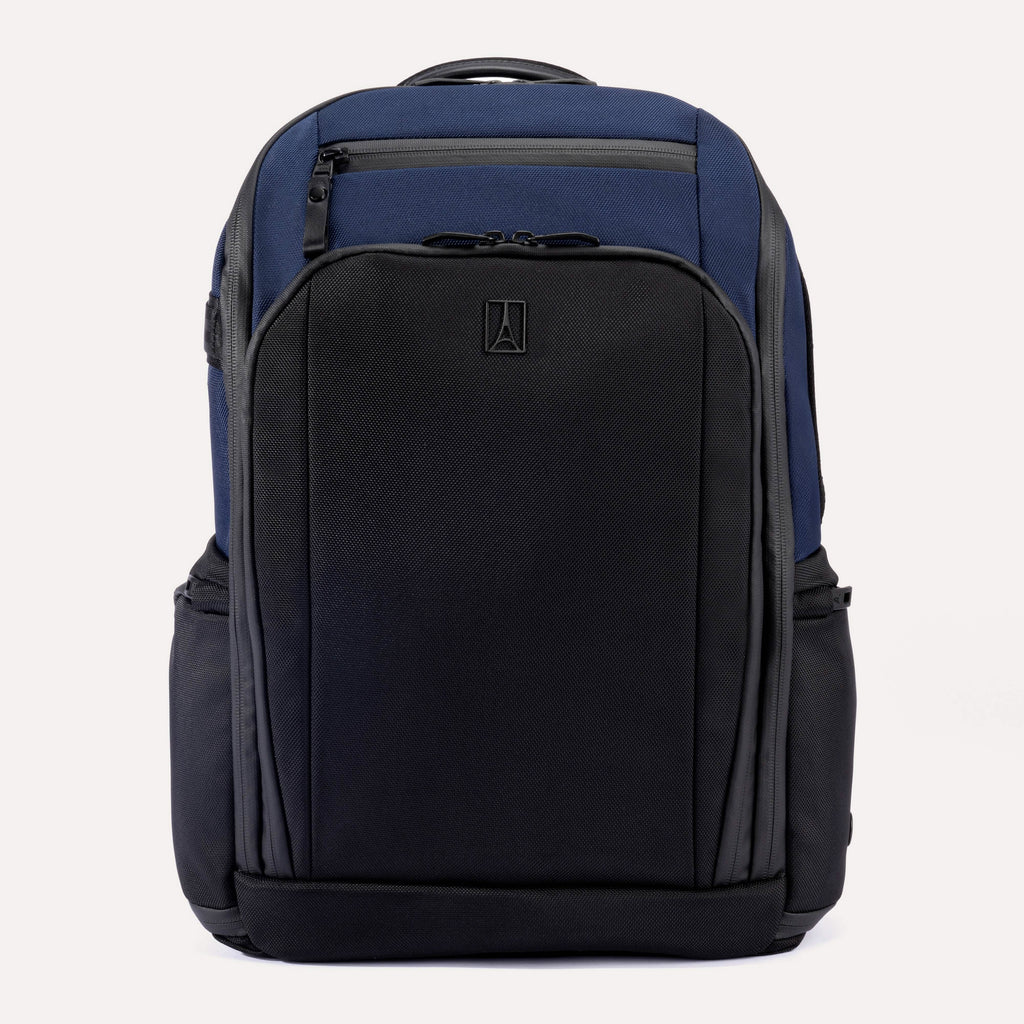 Two-tone black and blue backpack on a white background