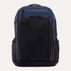 Two-tone black and blue backpack on a white background