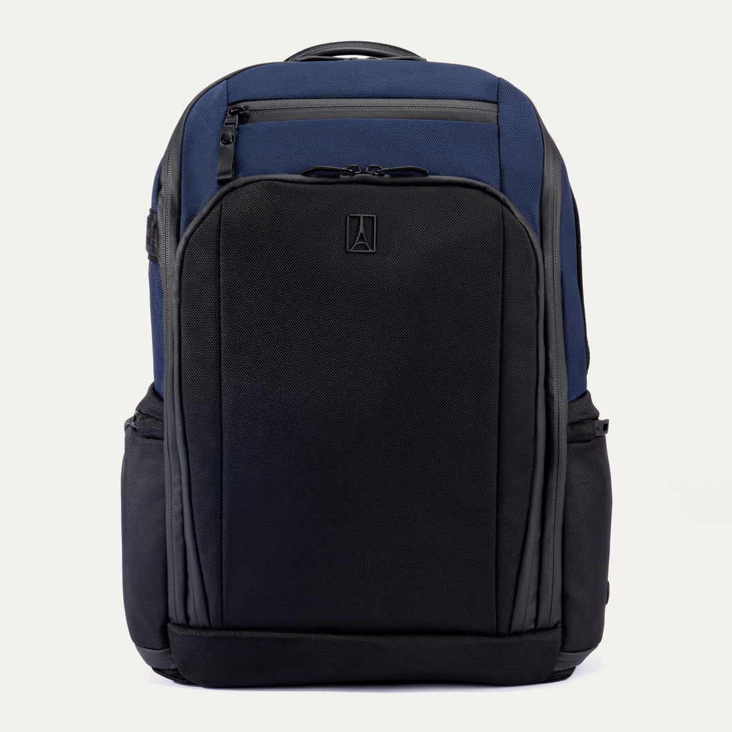 Two-tone black and blue backpack on a white background
