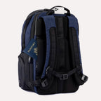 Slanted Rear view of Travelpro Altitude All-Purpose Laptop Backpack in Aviator Navy, showing QuickSlip Pocket with phone and hidden passport pocket.
