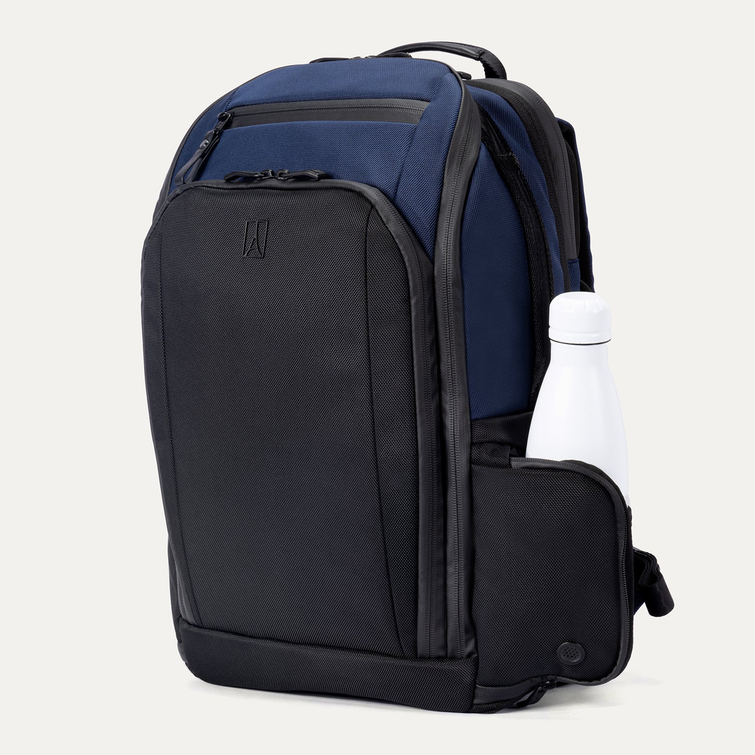 Front angled view of Travelpro Altitude All-Purpose Laptop Backpack in Aviator Navy, featuring top zip pocket and exterior bottle holder.
