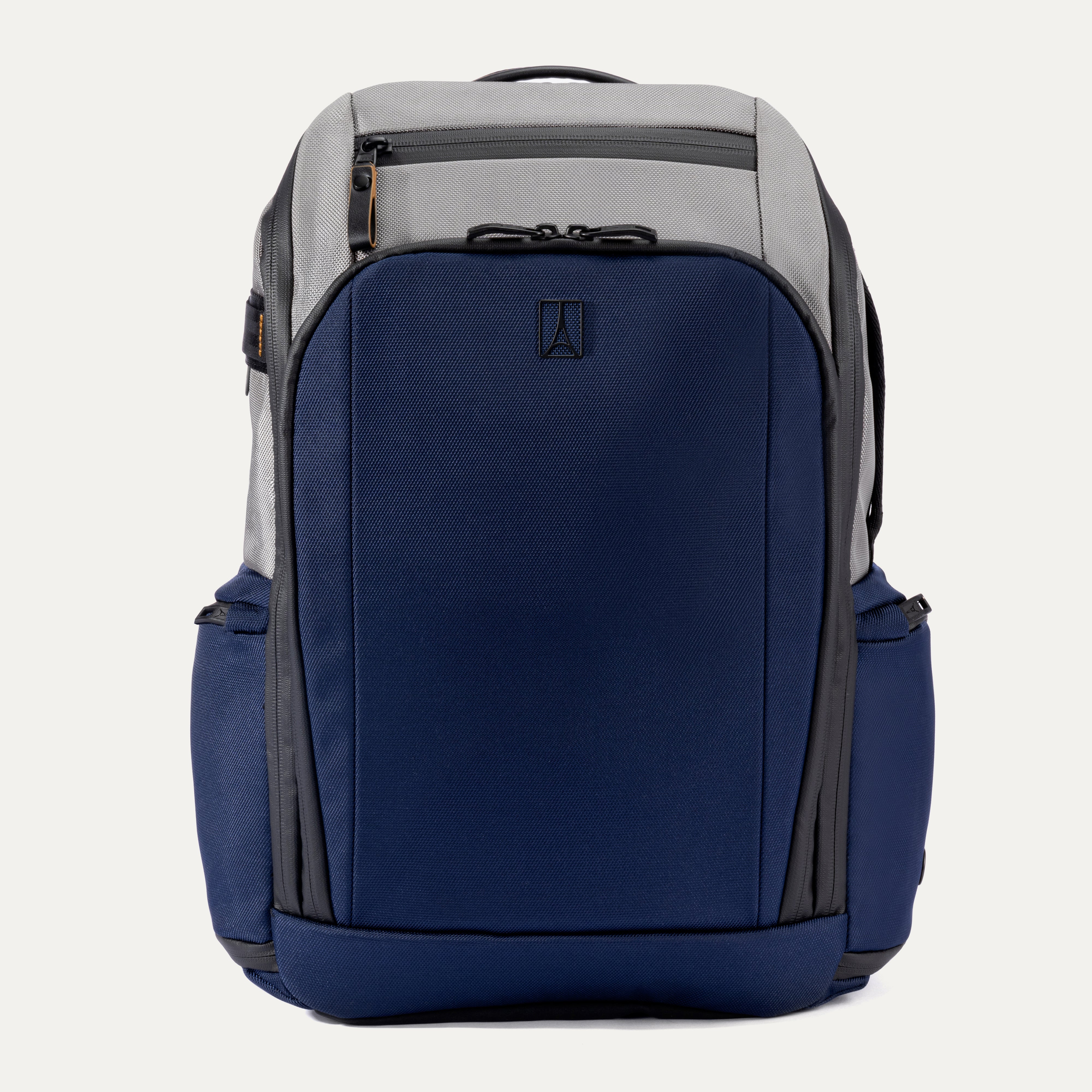 Blue and gray backpack on a white background