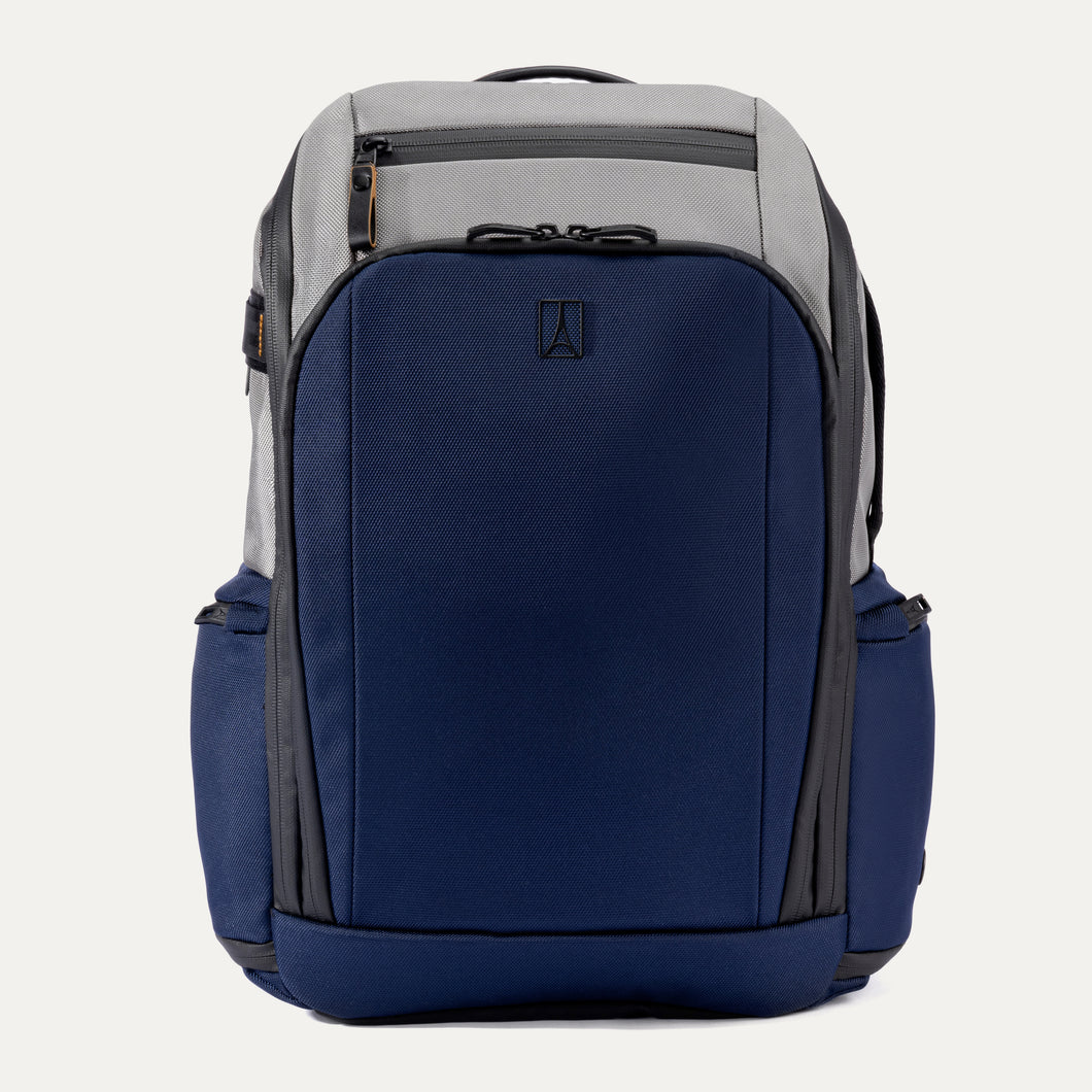 Blue and gray backpack on a white background