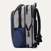 Side view of expanded Travelpro Altitude All-Purpose Backpack in Stellar Navy/Grey, showing exterior side compartments.
