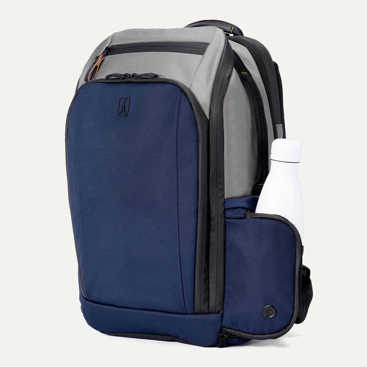 Front angled view of the Travelpro Altitude All-Purpose Backpack in Stellar Navy/Grey, with water bottle in side pocket.
