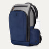 Front angled view of the Travelpro Altitude All-Purpose Backpack in Stellar Navy/Grey, with water bottle in side pocket.
