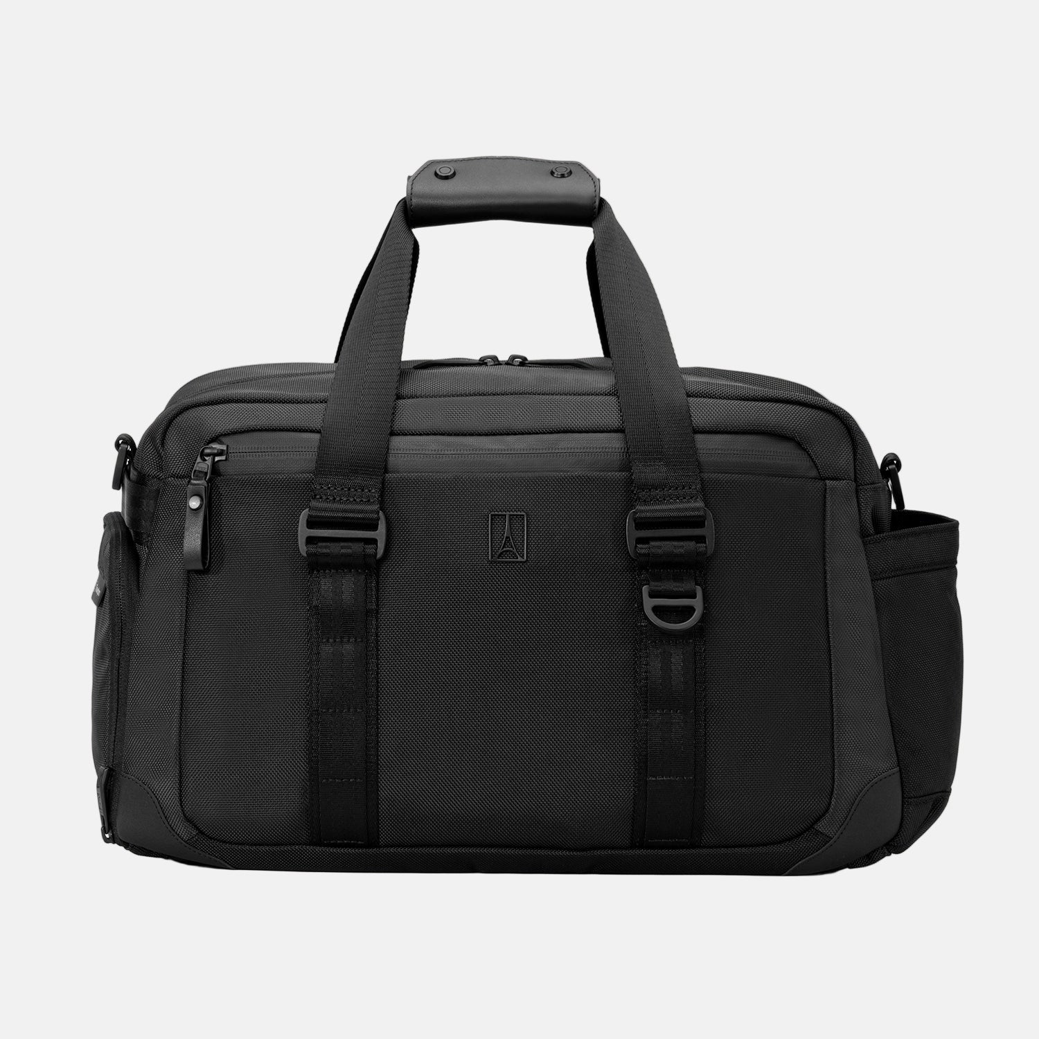 Front-facing view of the Travelpro Altitude Day-to-Day Duffel in Jet Black, showcasing dual carry handles 
