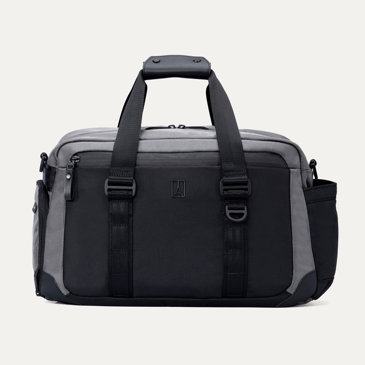 Front view of the Travelpro Altitude Day-to-Day Duffel in Falcon Grey, showing structured handles and front compression straps.
