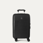 Front view of the Optima Expandable Compact Carry-on Spinner in Black, showcasing the durable polypropylene hardshell with sleek horizontal ribbing, centered Travelpro logo, and telescoping handle.
