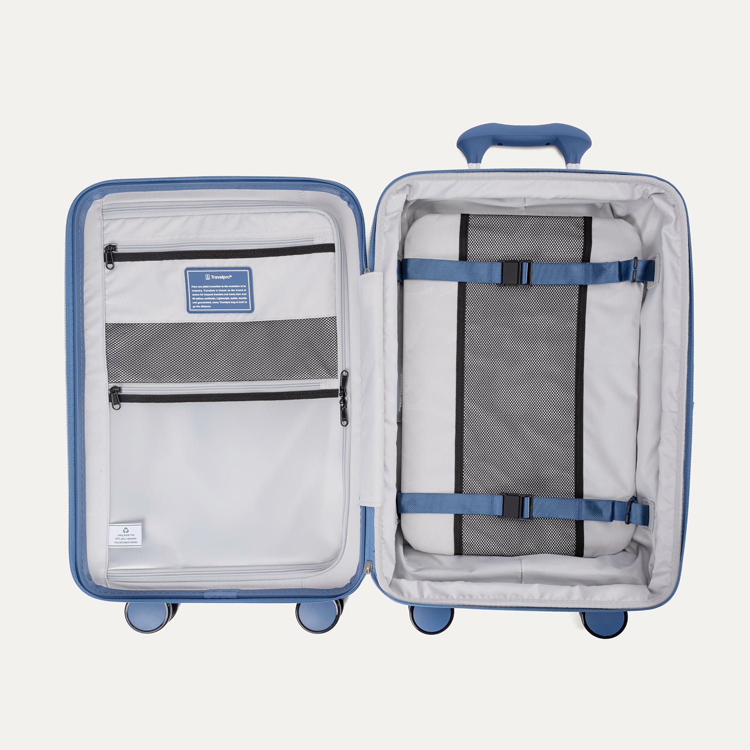 Open blue suitcase with interior organization panels on a white background