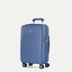 Three-quarter view of the Optima Expandable Compact Carry-on Spinner in Horizon Blue, showcasing the sleek, durable polypropylene hardshell design, horizontal ribbing, and smooth mobility on multi-directional spinner wheels.
