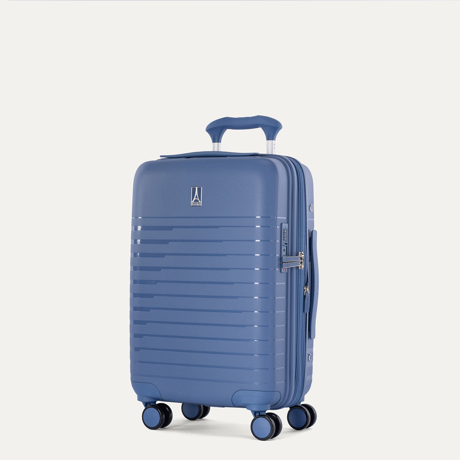 Three-quarter view of the Optima Expandable Compact Carry-on Spinner in Horizon Blue, showcasing the sleek, durable polypropylene hardshell design, horizontal ribbing, and smooth mobility on multi-directional spinner wheels.