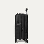 Black suitcase with wheels on a light gray background