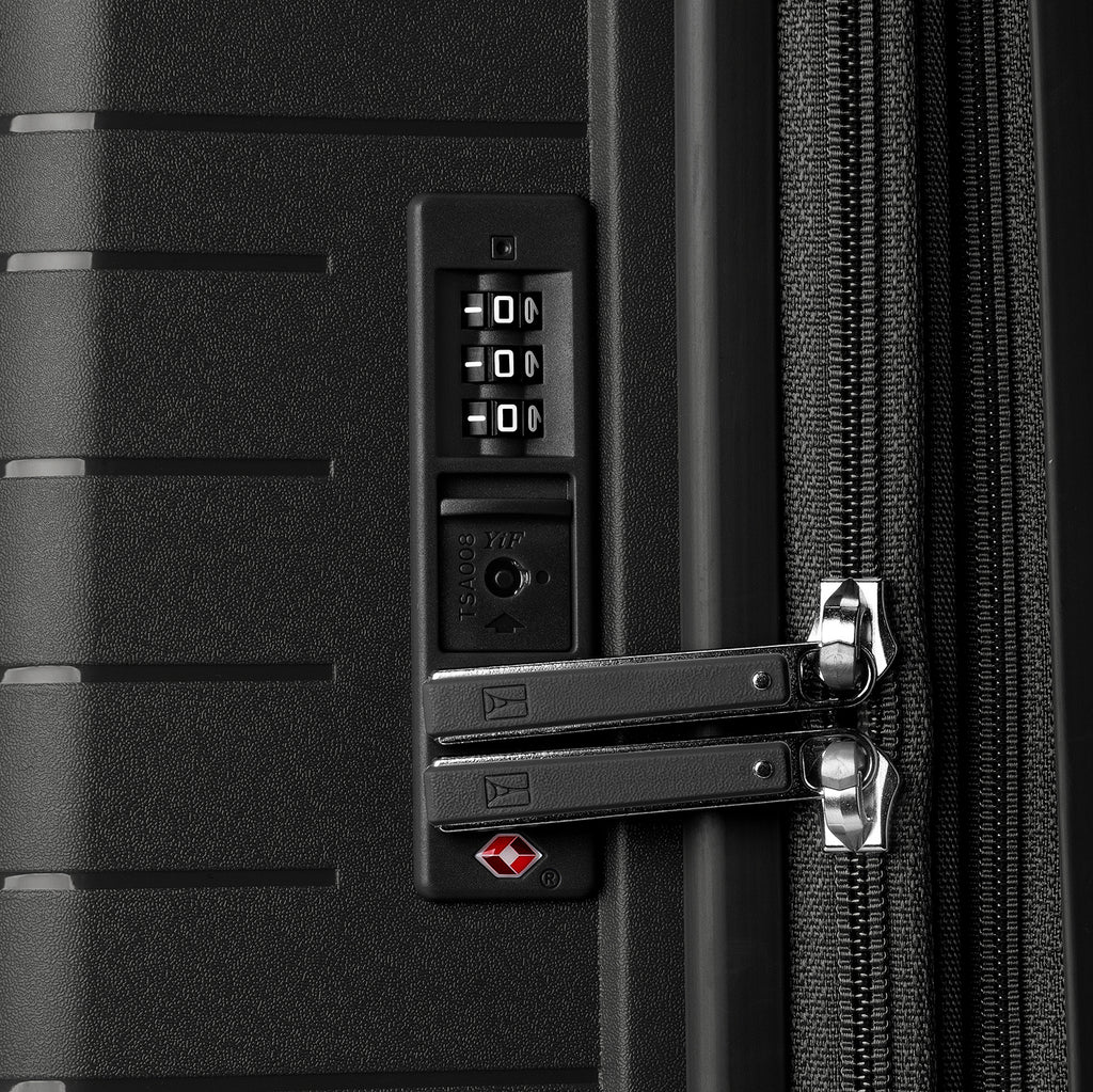Close-up of a black suitcase with a combination lock and TSA lock.