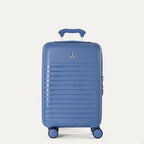 Front view of the Horizon Blue Optima Expandable Carry-on Spinner, showcasing the durable polypropylene shell with horizontal ribbing and a color-matched telescoping handle against a light gray background.