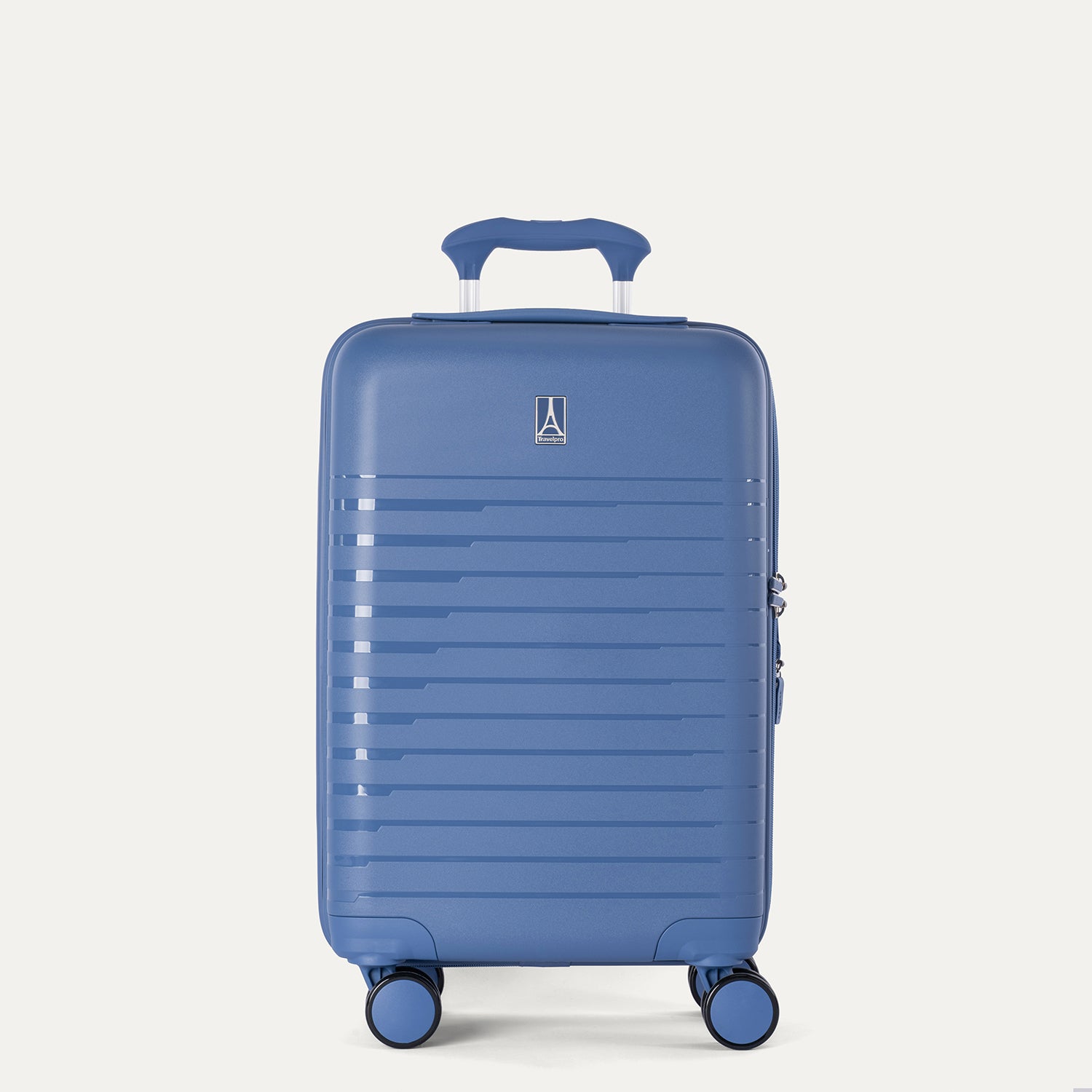 Front view of the Horizon Blue Optima Expandable Carry-on Spinner, showcasing the durable polypropylene shell with horizontal ribbing and a color-matched telescoping handle against a light gray background.