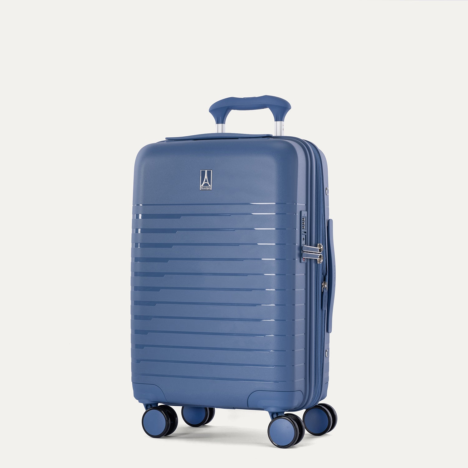 Front-three-quarters view of the Horizon Blue Optima Expandable Carry-on Spinner, showing the extended PowerScope telescoping handle, textured hardside shell, and smooth-rolling multi-directional spinner wheels against a light gray background.