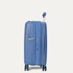 Side view of the Horizon Blue Optima Expandable Carry-on Spinner, showing the extended PowerScope telescoping handle, built-in TSA combination lock, side carry handle, and smooth-rolling multi-directional spinner wheels against a light gray background.