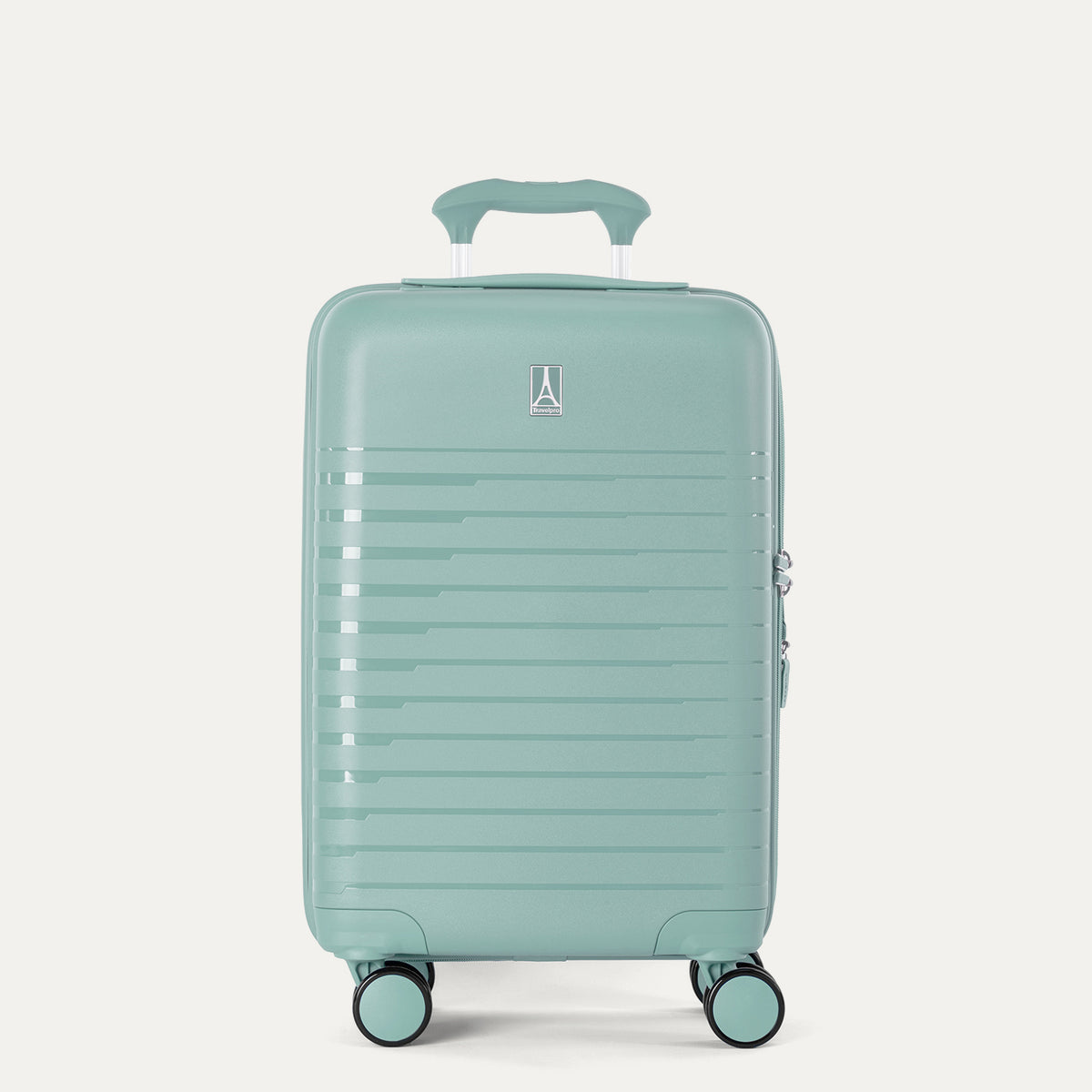 Front-facing view of the Optima Expandable Carry-on Spinner in Lunar Rock, showing the upright hardshell suitcase with horizontal ribbed detailing, an extended telescoping handle, top carry handle, and smooth-rolling multi-directional wheels against a solid off-white background.
