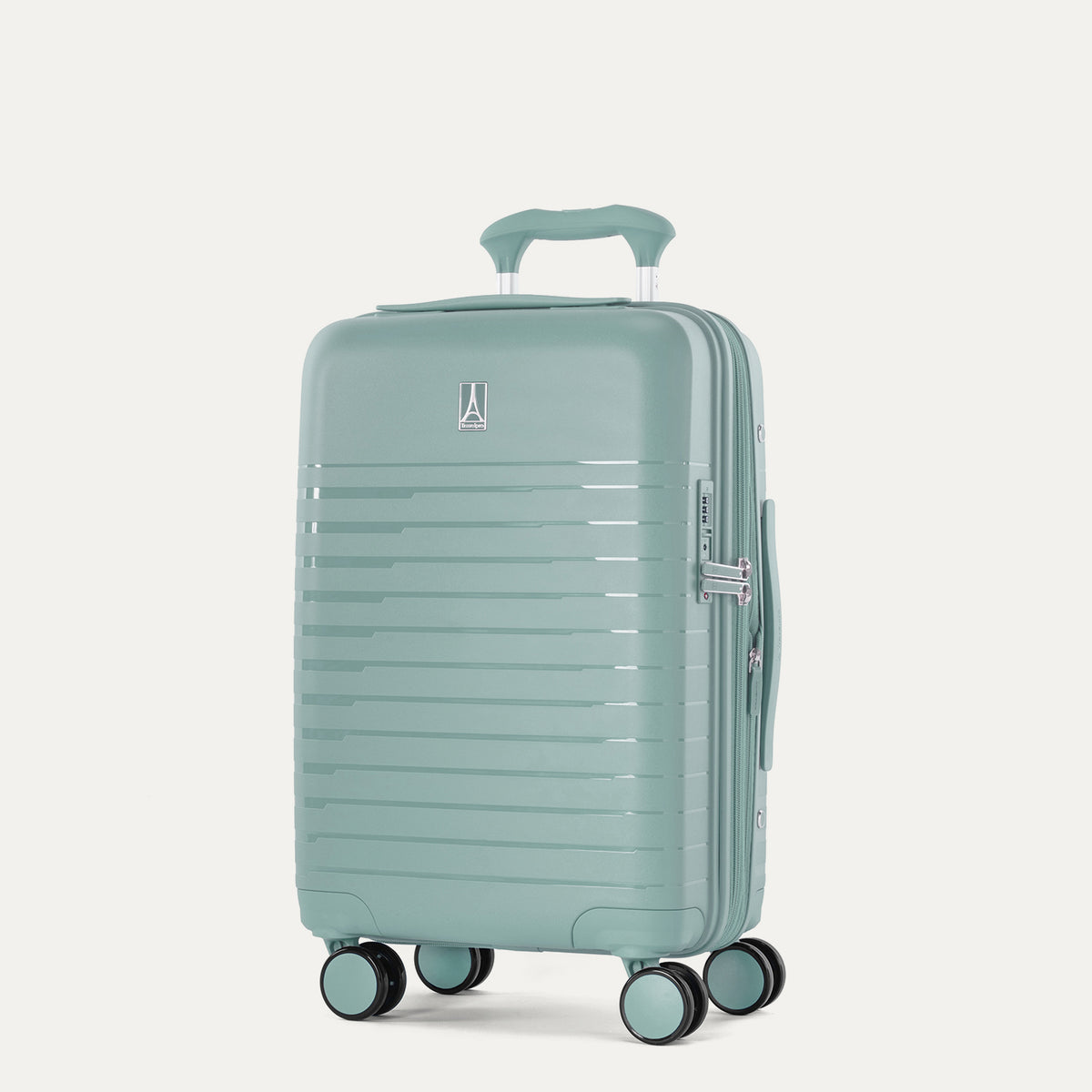 Front-facing view of the Optima Expandable Carry-on Spinner in Lunar Rock, showing the upright hardshell suitcase with horizontal ribbed detailing, an extended telescoping handle, top carry handle, and smooth-rolling multi-directional wheels against a solid off-white background.