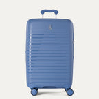 Black suitcase with a visible brand logo on a light gray background