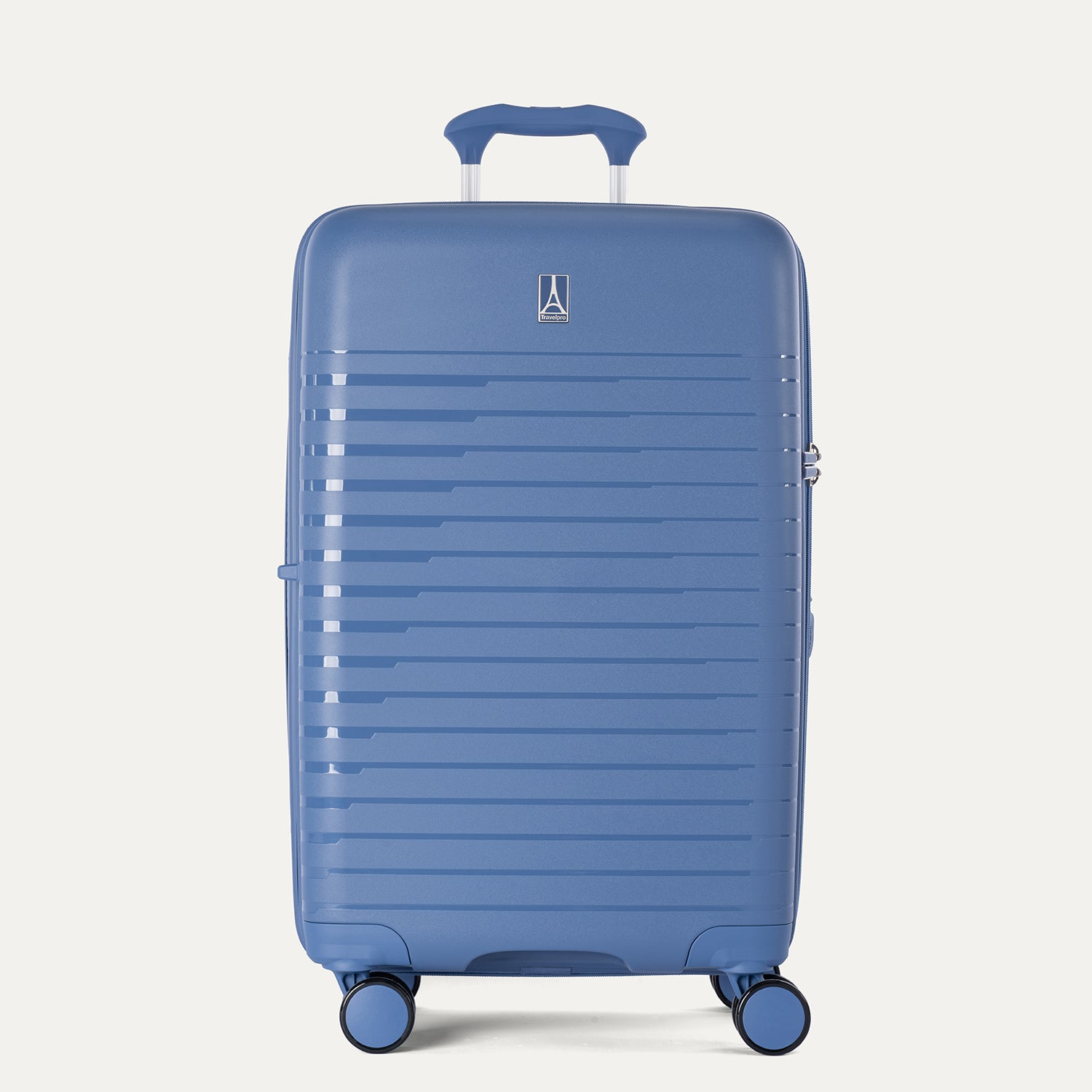 Black suitcase with a visible brand logo on a light gray background