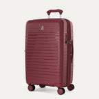 Maroon suitcase with a handle on a light gray background