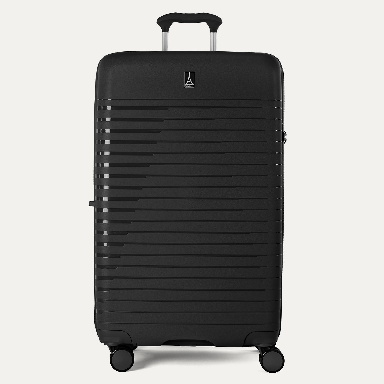 Black suitcase with a textured surface on a white background