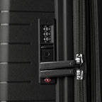 Close-up of a black suitcase with a combination lock and TSA lock.