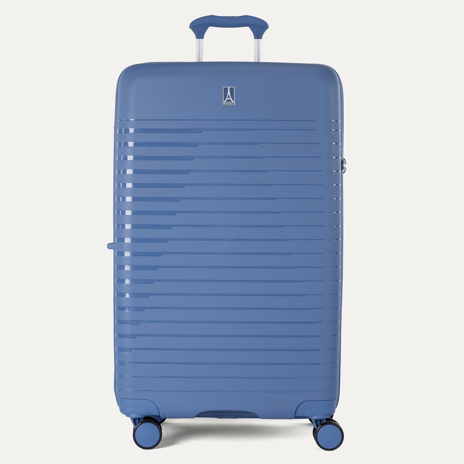 Blue suitcase with a visible brand logo on a light gray background