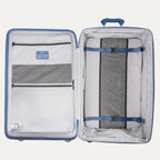 Open suitcase with interior organization panels on a white background